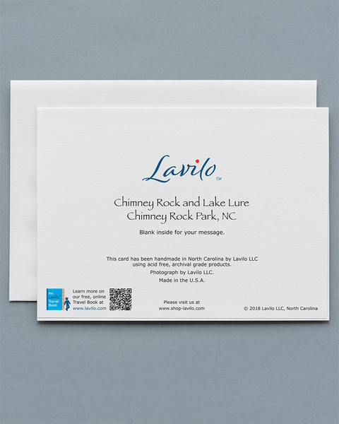 Lavilo Greeting Card - Reverse Side with Title CHIMNEY ROCK AND LAKE LURE, CHIMNEY ROCK PARK, NC