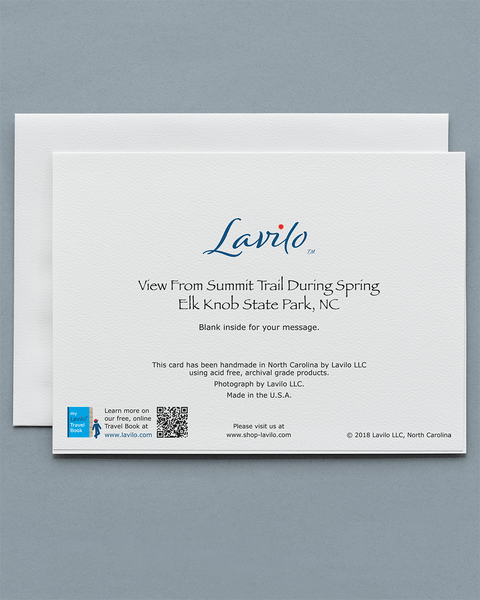 Lavilo Greeting Cards - Reverse Side with Title VIEW FROM SUMMIT TRAIL DURING SPRING, ELK KNOB STATE PARK, NC