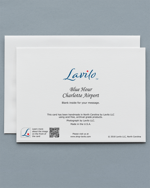 Lavilo™ Greeting Cards: Reverse Side with the Title BLUE HOUR CHARLOTTE AIRPORT