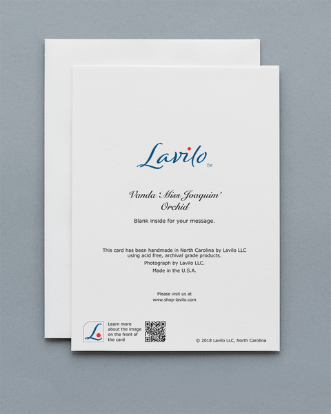 Lavilo™ Greeting Cards - Reverse Side with the Title VANDA ‘MISS JOAQUIM’ ORCHID