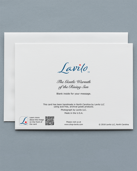 Lavilo™ Greeting Cards: Reverse Side with the Title THE GENTLE WARMTH OF THE RISING SUN